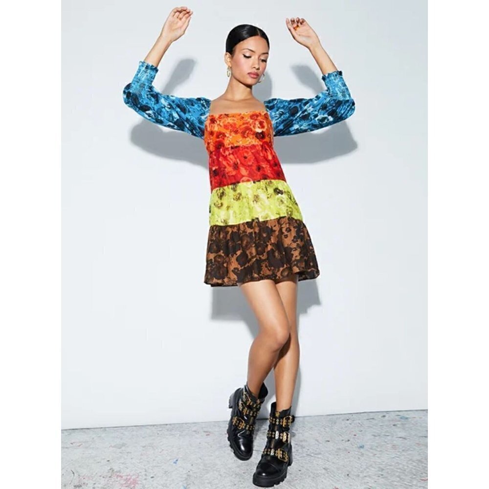 Alice + Olivia Rowen Tiered Babydoll Mini Dress Multicolor Womens Size Small